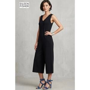 Eileen Fisher Black Sleeveless Wide Leg Jumpsuit Jersey boho slouchy stretchy M